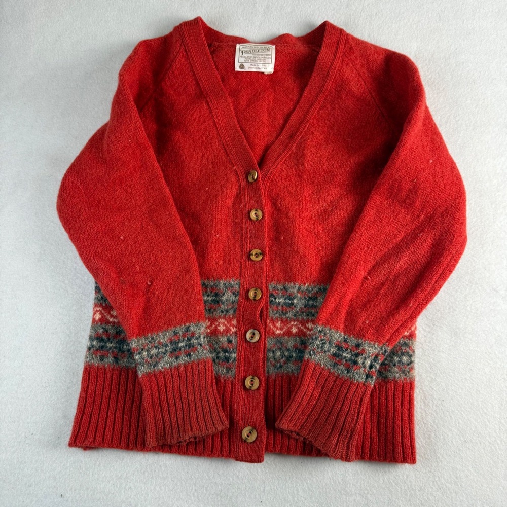 Pendleton Womens Red Virgin Wool‎ Fair Isle Cardigan Sweater V-Neck USA Large